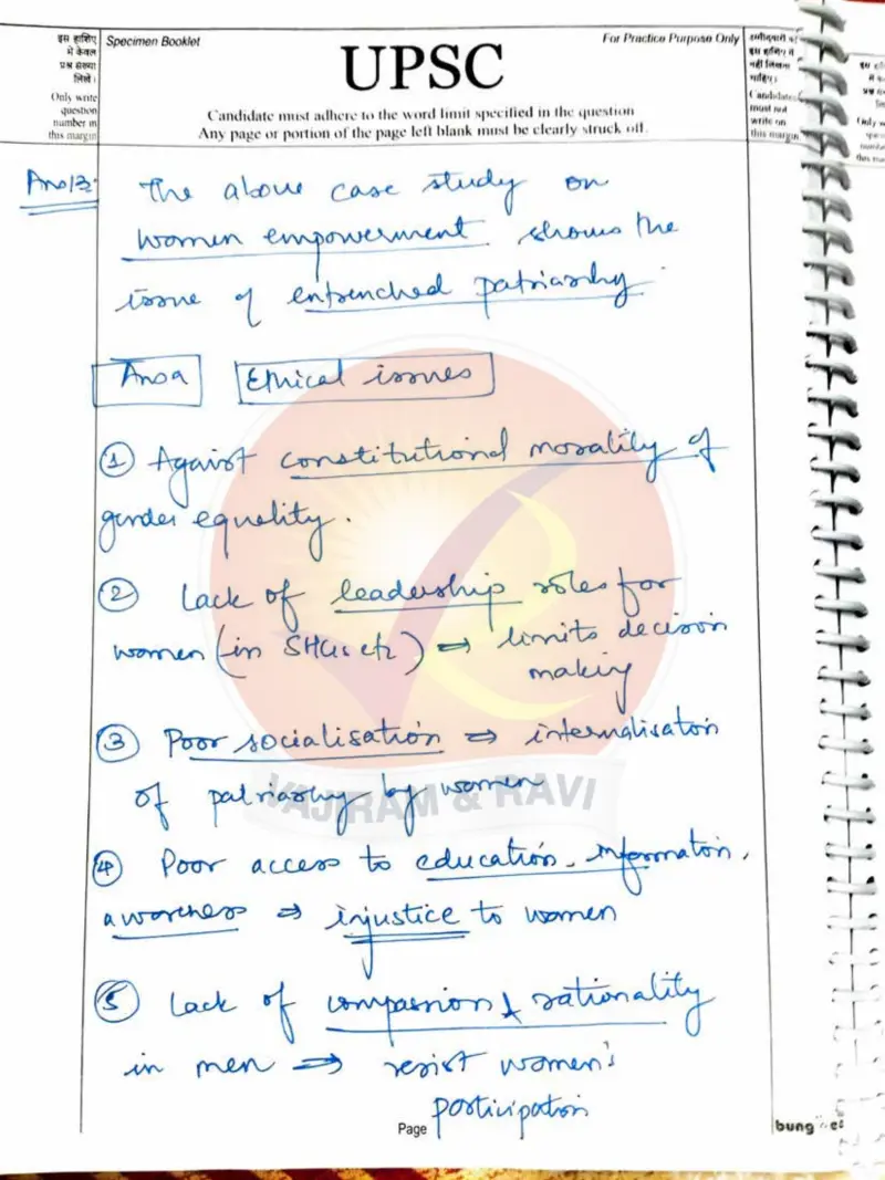Aayushi Bansal handwritten UPSC Mains answer to "Case study (a/b/c): Women's participation in SHGs/village councils; engaging men; institut" (GS4, AIR 7, CSE 2024)