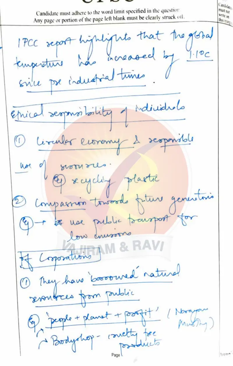 Aayushi Bansal handwritten UPSC Mains answer to "Environmental ethics — responsibilities of individuals, corporations, governments to futur" (GS4, AIR 7, CSE 2024)