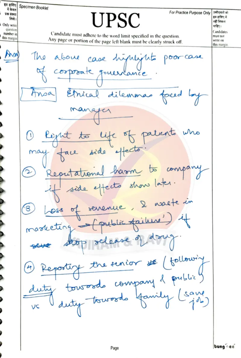 Aayushi Bansal handwritten UPSC Mains answer to "Case study (a/b/c): GoodLife Pharma 'Revivol' — concealed fatal side-effects, complicit su" (GS4, AIR 7, CSE 2024)