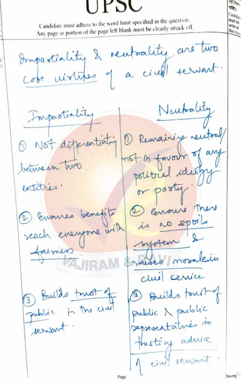 Aayushi Bansal handwritten UPSC Mains answer to "Impartiality vs neutrality in the civil service" (GS4, AIR 7, CSE 2024)
