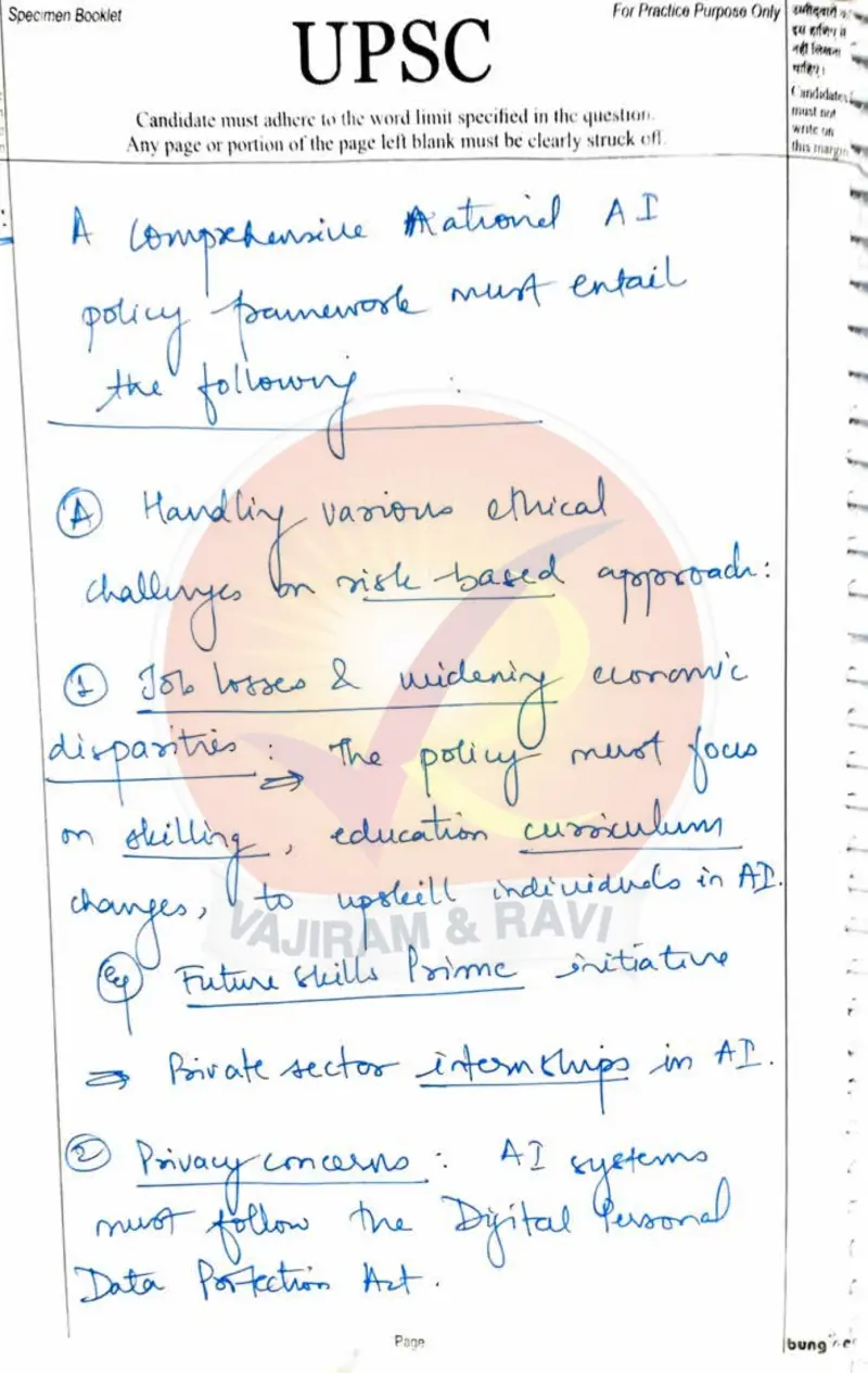 Aayushi Bansal handwritten UPSC Mains answer to "Formulate a comprehensive national AI policy framework — jobs, privacy, bias, accountabili" (GS4, AIR 7, CSE 2024)