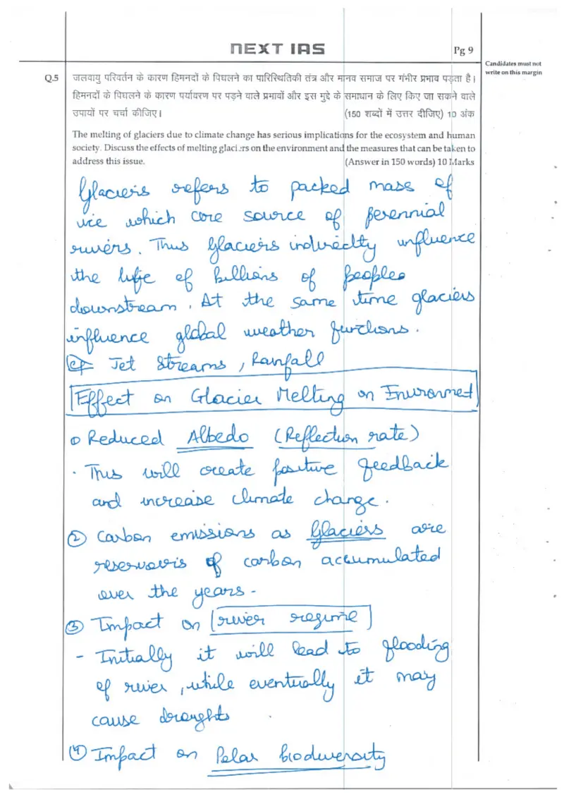Akansh Dhull handwritten UPSC Mains answer to "Melting glaciers — environmental effects and remedial measures" (GS, Rank 3, CSE 2025)