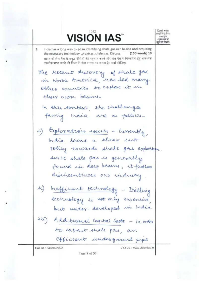 Akshat Jain handwritten UPSC Mains answer to "Shale gas — identifying basins & acquiring extraction technology, challenges (150w)" (GS, AIR 2, CSE 2018)