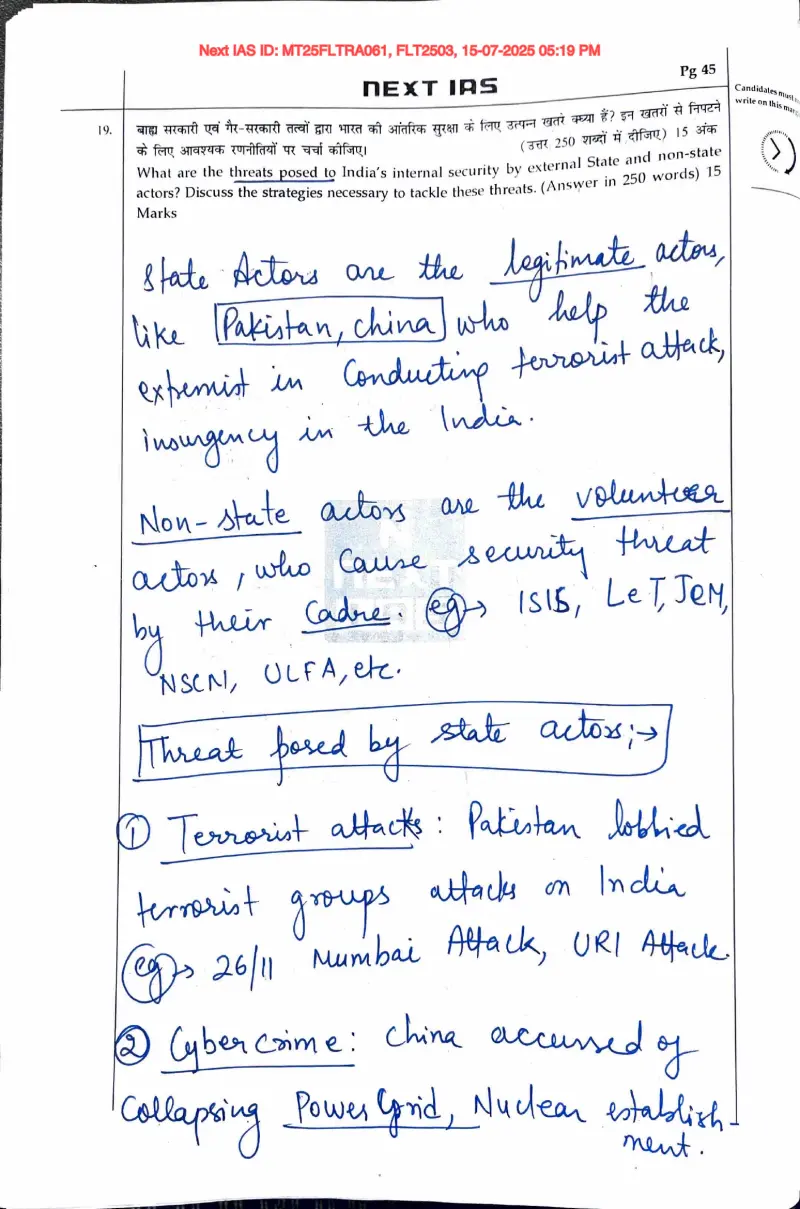Aniket Ranjan handwritten UPSC Mains answer to "Internal-security threats from external state & non-state actors; strategies (15m)" (GS3, Rank 48, CSE 2025)