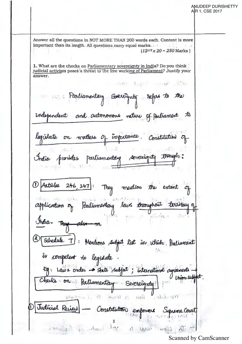 Anudeep Durishetty handwritten UPSC Mains answer to "Checks on Parliamentary sovereignty in India; does judicial activism threaten free working" (GS2, AIR 1, CSE 2017)