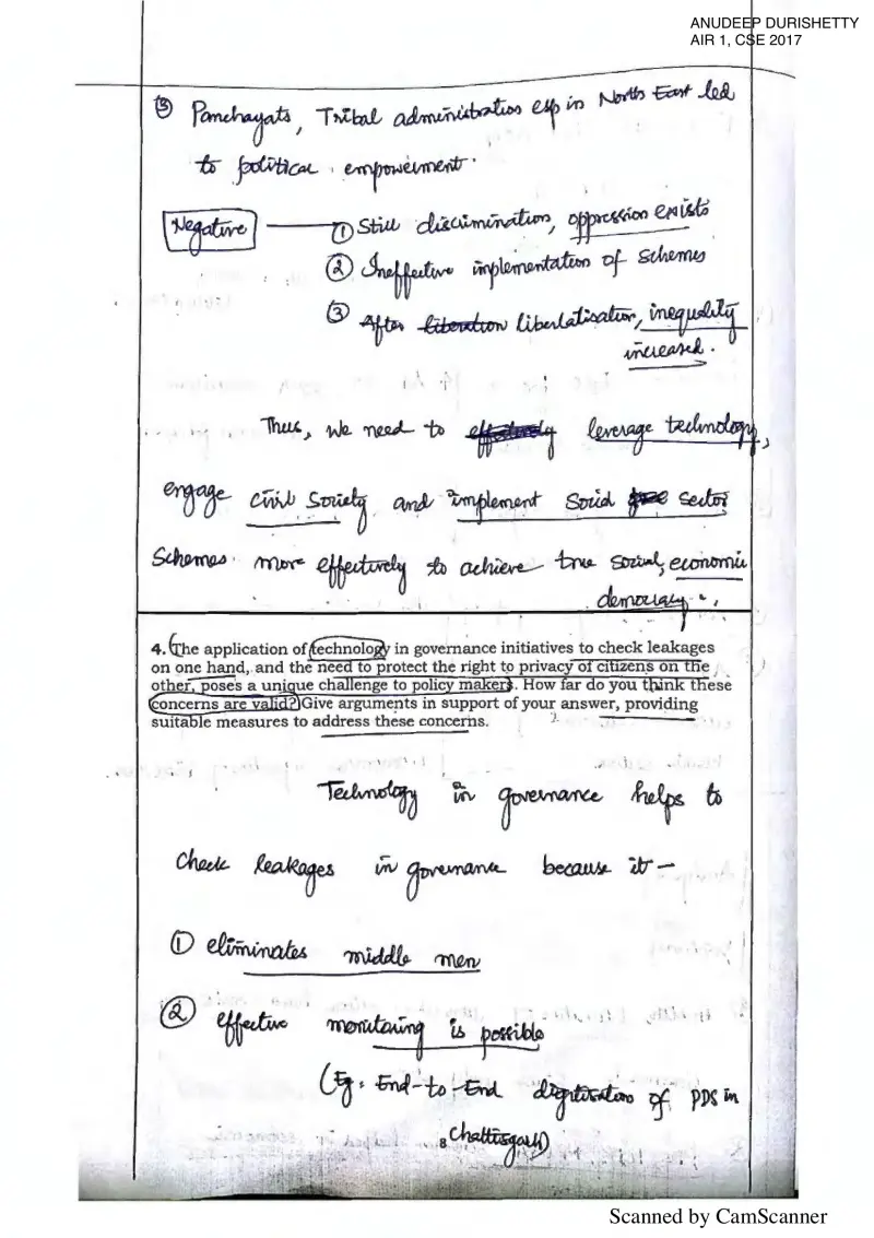 Anudeep Durishetty handwritten UPSC Mains answer to "Technology in governance to check leakages vs right to privacy — validity of concerns and " (GS2, AIR 1, CSE 2017)