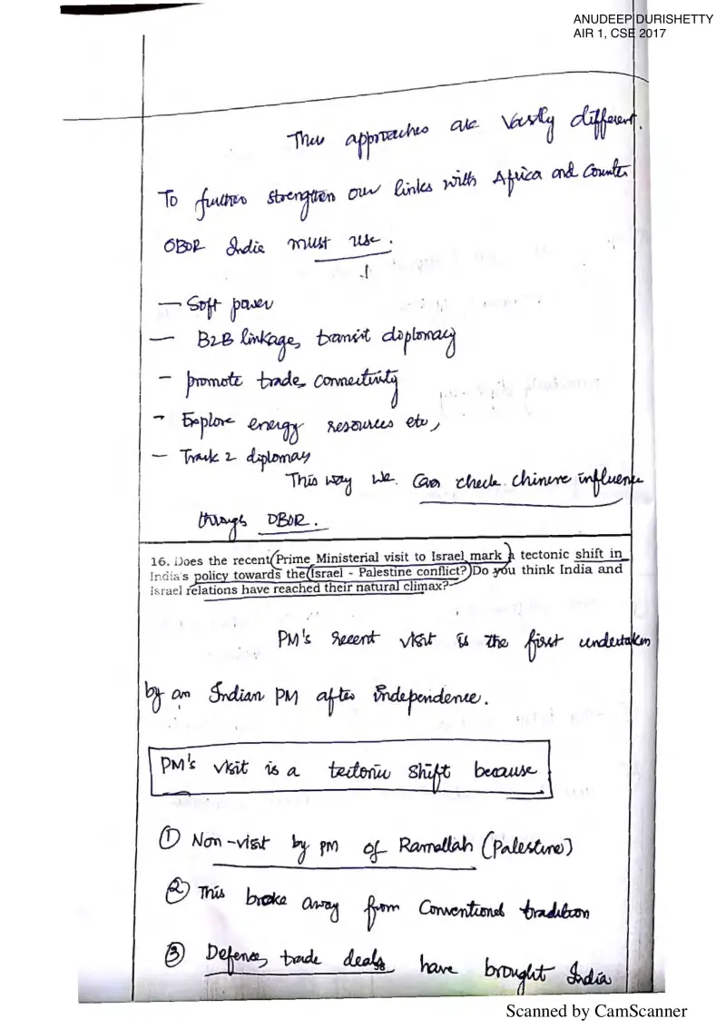 Anudeep Durishetty handwritten UPSC Mains answer to "PM visit to Israel as tectonic shift in India's Israel-Palestine policy; have India-Israel" (GS2, AIR 1, CSE 2017)