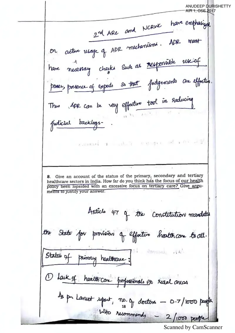 Anudeep Durishetty handwritten UPSC Mains answer to "Status of primary, secondary and tertiary healthcare; lopsided focus on tertiary care" (GS2, AIR 1, CSE 2017)