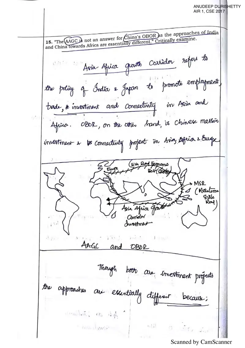 Anudeep Durishetty handwritten UPSC Mains answer to "AAGC is not an answer to China's OBOR — India and China approaches to Africa essentially d" (GS2, AIR 1, CSE 2017)