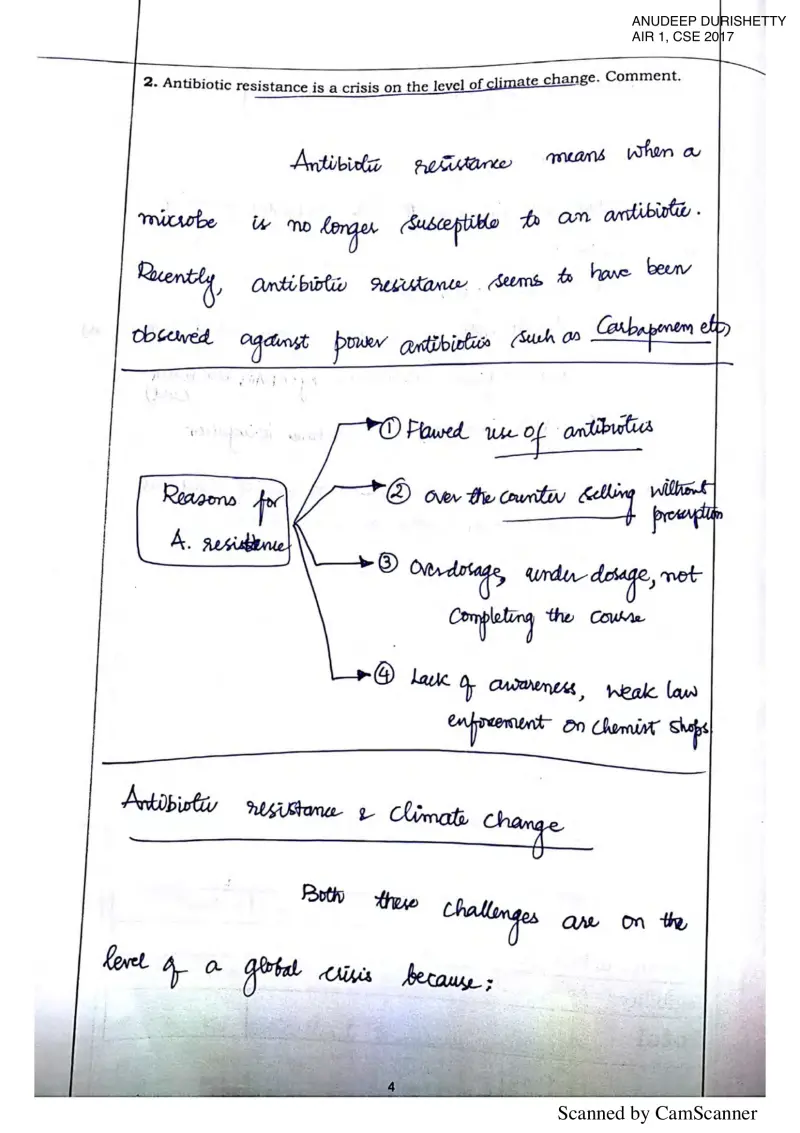 Anudeep Durishetty handwritten UPSC Mains answer to "Antibiotic resistance as a crisis on the level of climate change (comment)" (GS3, AIR 1, CSE 2017)