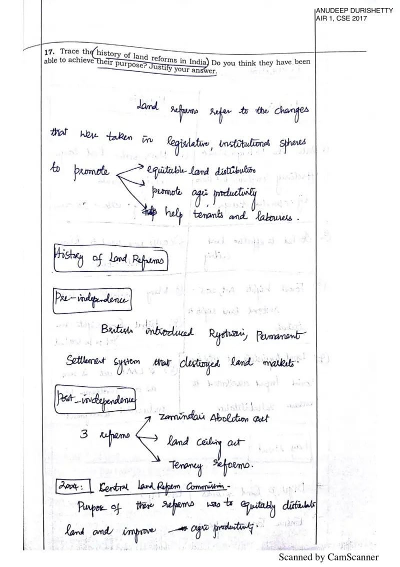 Anudeep Durishetty handwritten UPSC Mains answer to "History of land reforms in India and whether they achieved their purpose" (GS3, AIR 1, CSE 2017)