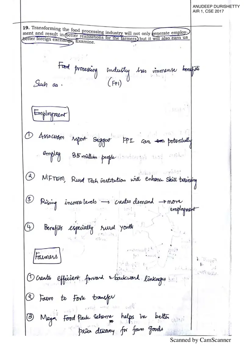 Anudeep Durishetty handwritten UPSC Mains answer to "Transforming the food processing industry: employment, farmer realisations, forex" (GS3, AIR 1, CSE 2017)
