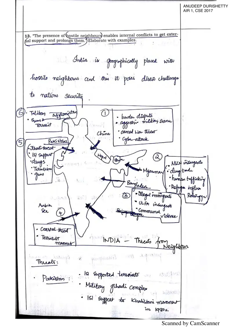 Anudeep Durishetty handwritten UPSC Mains answer to "Hostile neighbours enabling and prolonging internal conflicts (with examples)" (GS3, AIR 1, CSE 2017)
