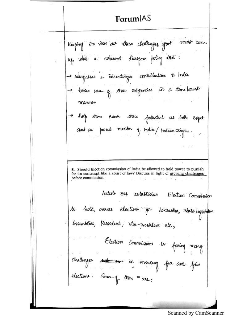 Anudeep Durishetty handwritten UPSC Mains answer to "Should the Election Commission get contempt-of-court powers; growing challenges before EC" (GS, AIR 1, CSE 2017)