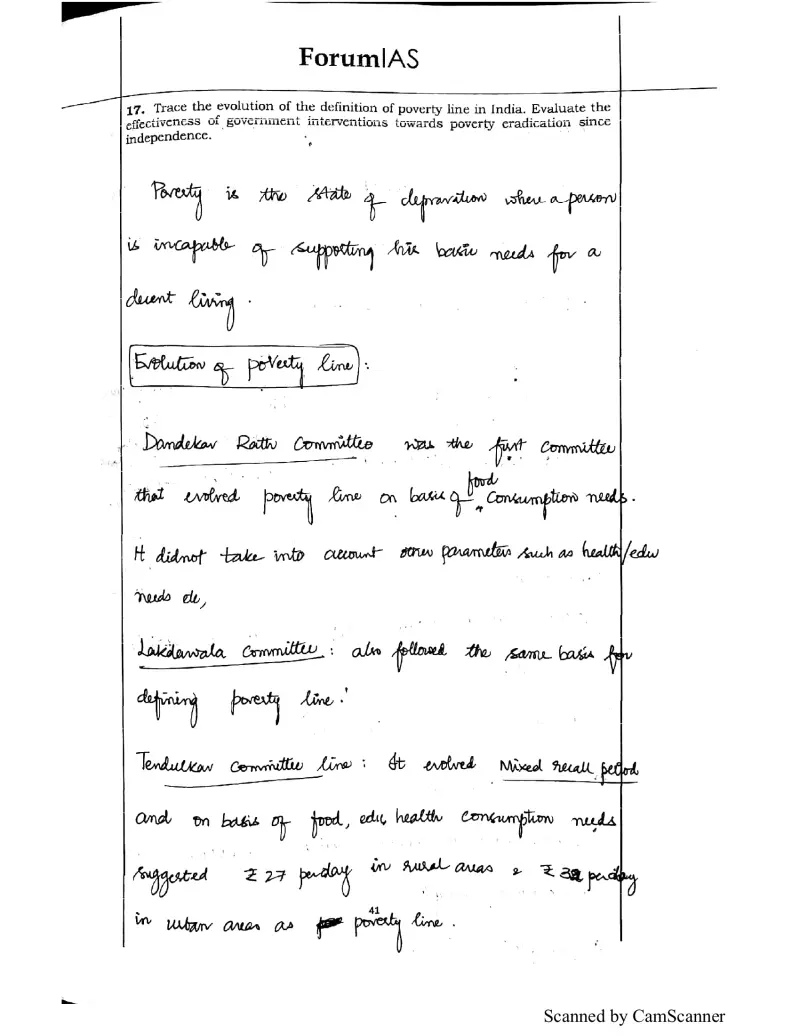 Anudeep Durishetty handwritten UPSC Mains answer to "Evolution of the poverty-line definition and effectiveness of poverty-eradication interven" (GS, AIR 1, CSE 2017)