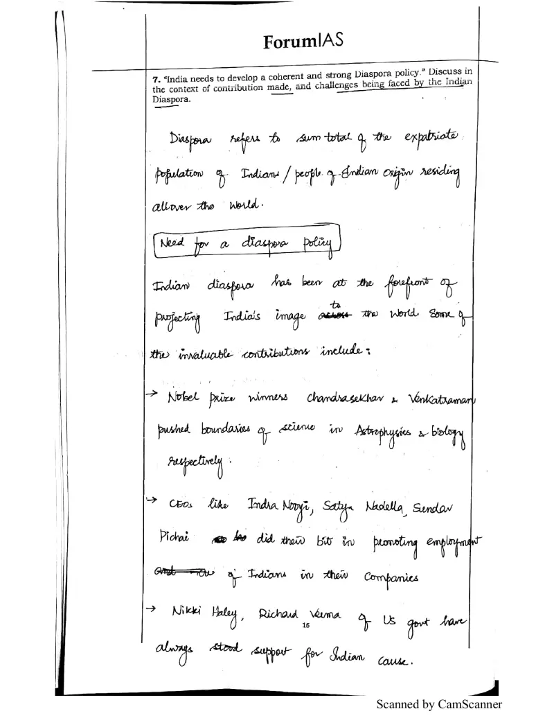 Anudeep Durishetty handwritten UPSC Mains answer to "Need for a coherent diaspora policy — contributions and challenges of Indian Diaspora" (GS, AIR 1, CSE 2017)