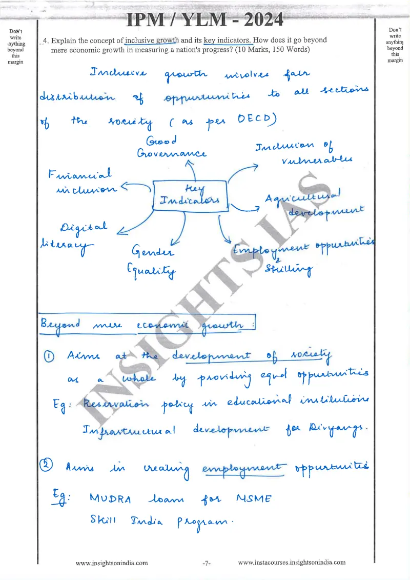 Apsara N handwritten UPSC Mains answer to "Inclusive growth, indicators, beyond mere economic growth (10m)" (GS3, Rank 192, CSE 2024)