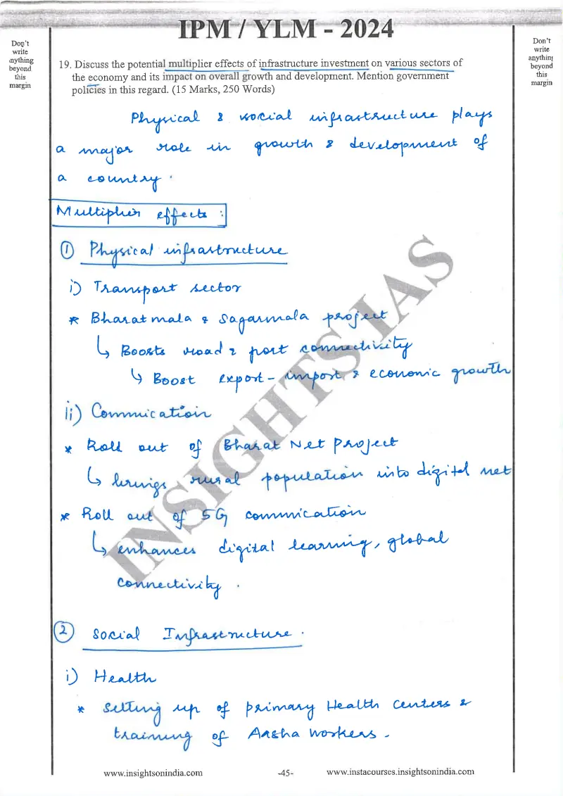 Apsara N handwritten UPSC Mains answer to "Multiplier effects of infrastructure investment + govt policies (15m)" (GS3, Rank 192, CSE 2024)