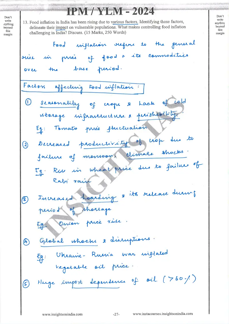 Apsara N handwritten UPSC Mains answer to "Food inflation factors, impact on vulnerable, control challenges (15m)" (GS3, Rank 192, CSE 2024)