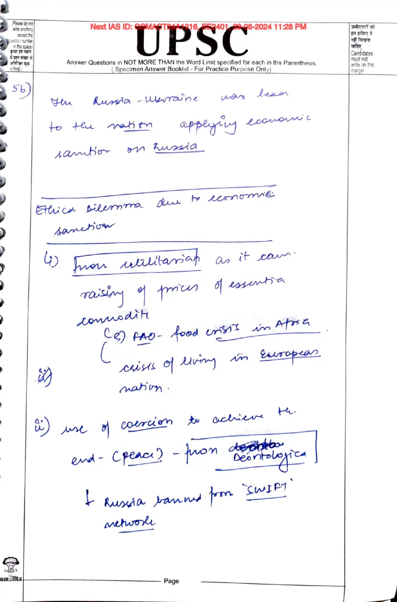 Deepali Mahto handwritten UPSC Mains answer to "Ethical dilemma of economic sanctions (Russia-Ukraine; utilitarian vs deontological)" (GS4, Rank 36, CSE 2025)
