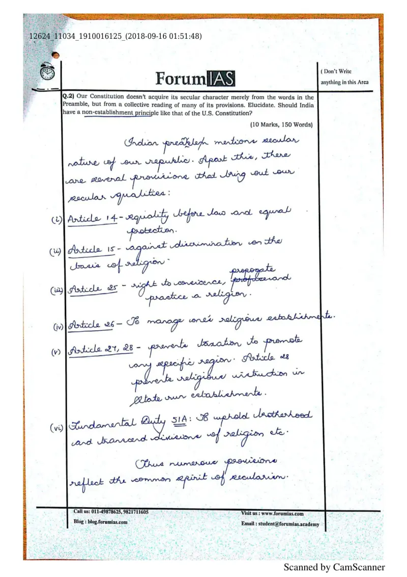Pedditi Dhatri Reddy handwritten UPSC Mains answer to "Constitution's secular character from collective reading of provisions; should India adopt" (GS, Rank 46, CSE 2019)