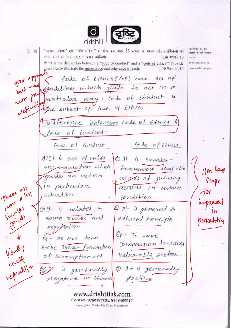 Gyanendra Bharti handwritten UPSC Mains answer to "Distinction between code of conduct and code of ethics (with examples)" (GS4, Rank 537, CSE 2023)