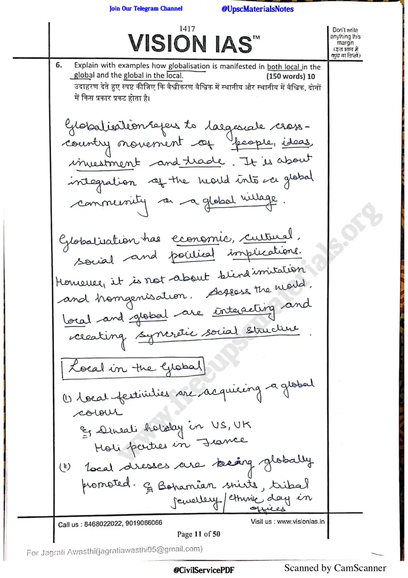 Jagrati Awasthi handwritten UPSC Mains answer to "How globalisation manifests as 'local in the global' and 'global in the local' - with exam" (GS, AIR 2, CSE 2020)