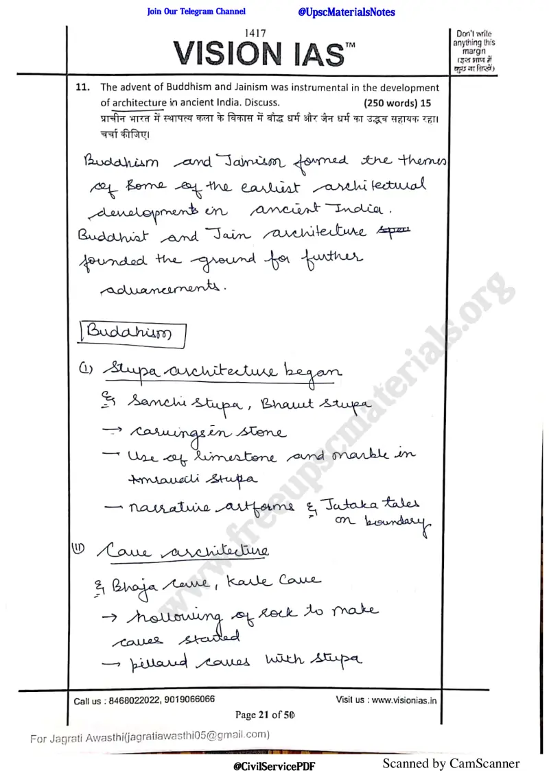 Jagrati Awasthi handwritten UPSC Mains answer to "Advent of Buddhism and Jainism instrumental in development of ancient Indian architecture " (GS, AIR 2, CSE 2020)