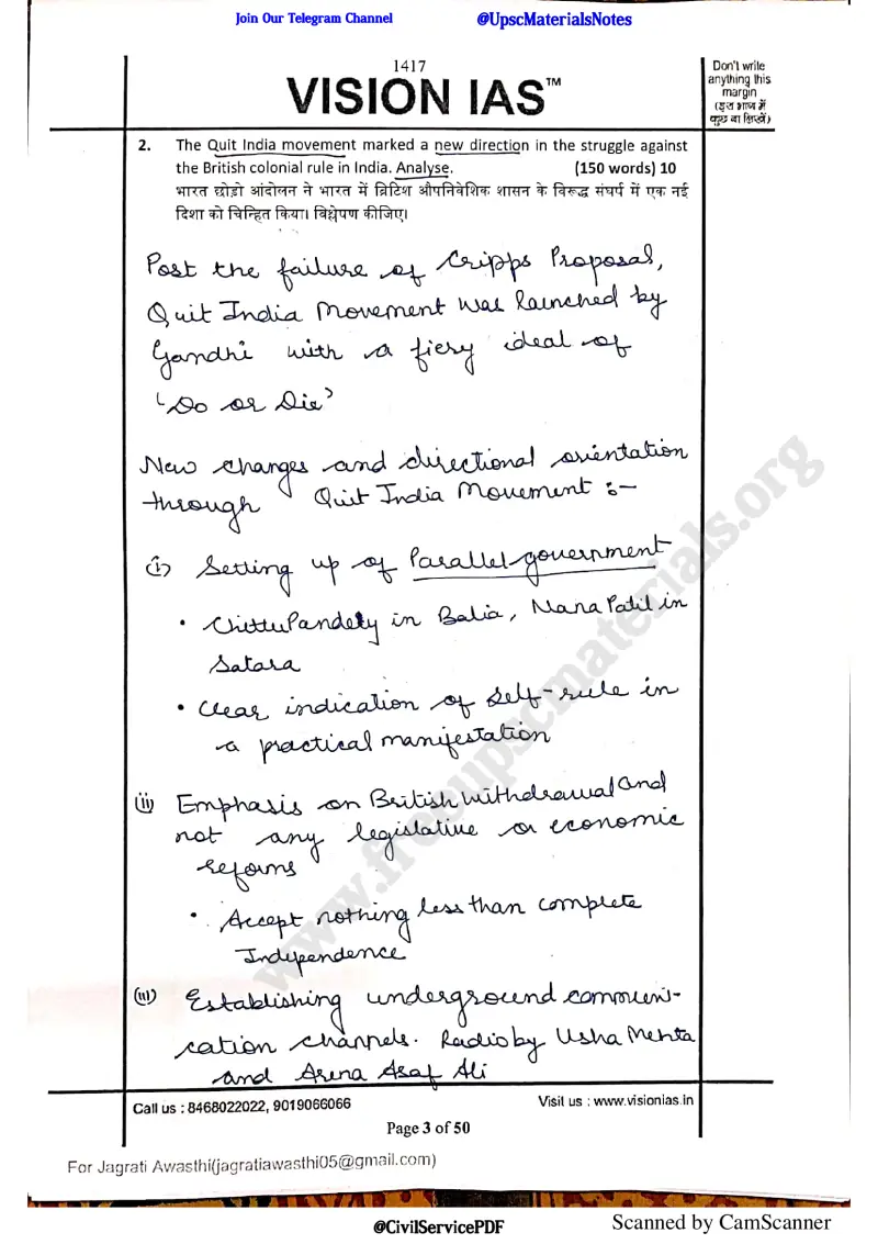 Jagrati Awasthi handwritten UPSC Mains answer to "Quit India movement marked a new direction in the struggle against British colonial rule -" (GS, AIR 2, CSE 2020)