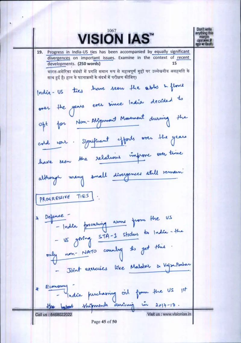Kanishak Kataria handwritten UPSC Mains answer to "India-US ties: progress alongside significant divergences; examine with recent development" (GS, AIR 1, CSE 2018)