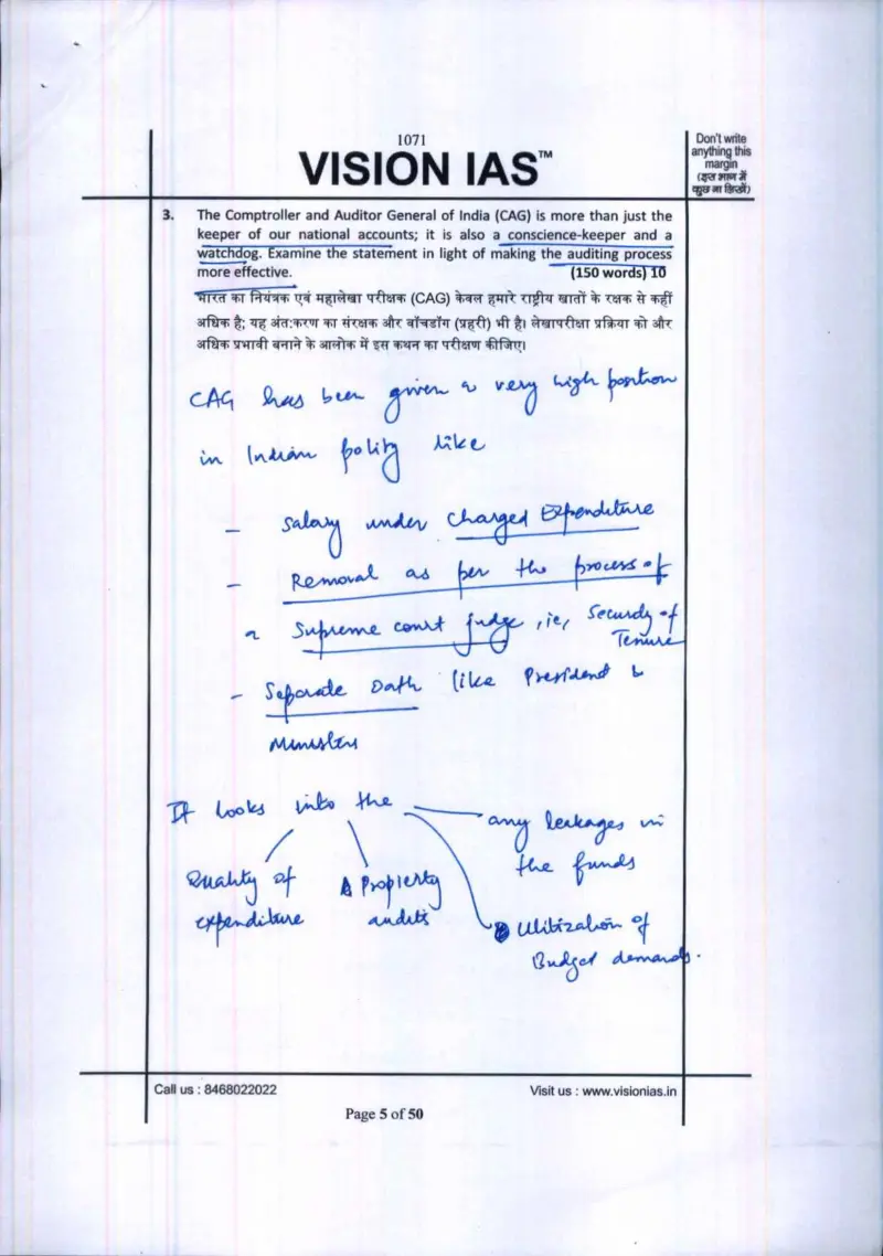 Kanishak Kataria handwritten UPSC Mains answer to "CAG as conscience-keeper and watchdog; making auditing more effective" (GS, AIR 1, CSE 2018)