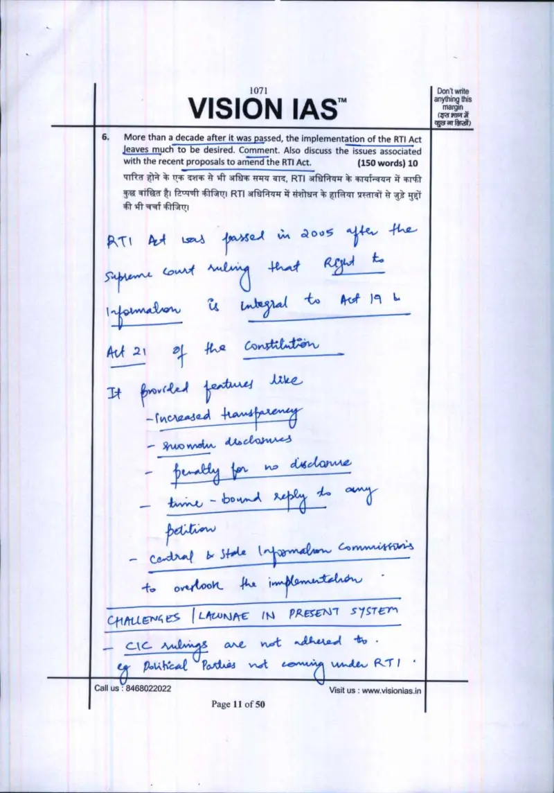 Kanishak Kataria handwritten UPSC Mains answer to "RTI Act implementation shortfalls and issues with proposed amendments" (GS, AIR 1, CSE 2018)