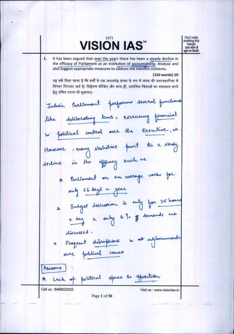 Kanishak Kataria handwritten UPSC Mains answer to "Steady decline in efficacy of Parliament as an institution of accountability — analyse + m" (GS, AIR 1, CSE 2018)