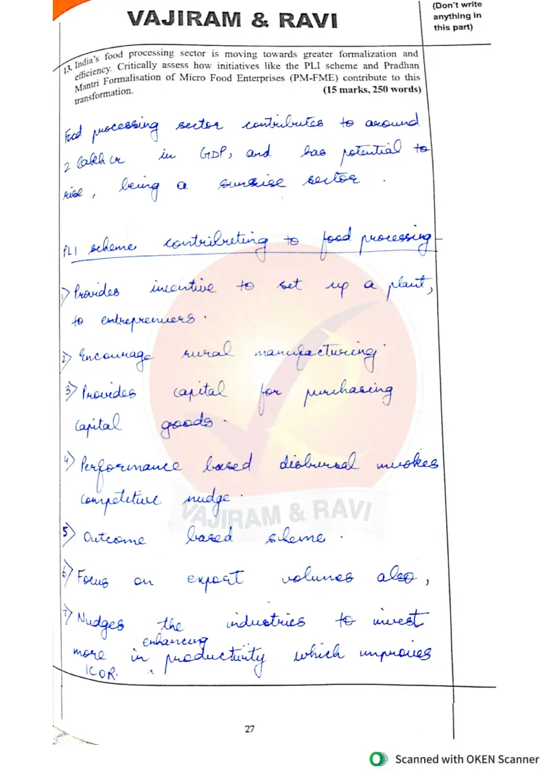 Kanishak Aggarwal handwritten UPSC Mains answer to "Food processing formalization via PLI scheme and PM-FME (15m, 250w)" (GS, Rank 72, CSE 2025)