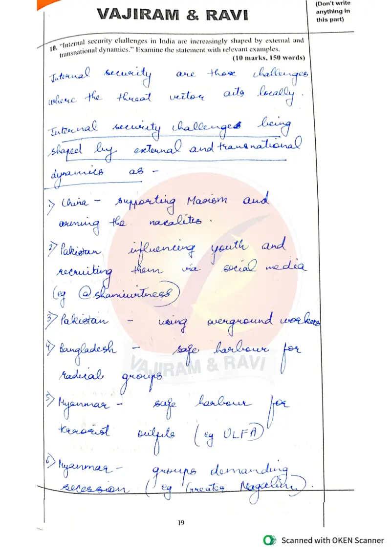 Kanishak Aggarwal handwritten UPSC Mains answer to "Internal security shaped by external and transnational dynamics (10m, 150w)" (GS, Rank 72, CSE 2025)