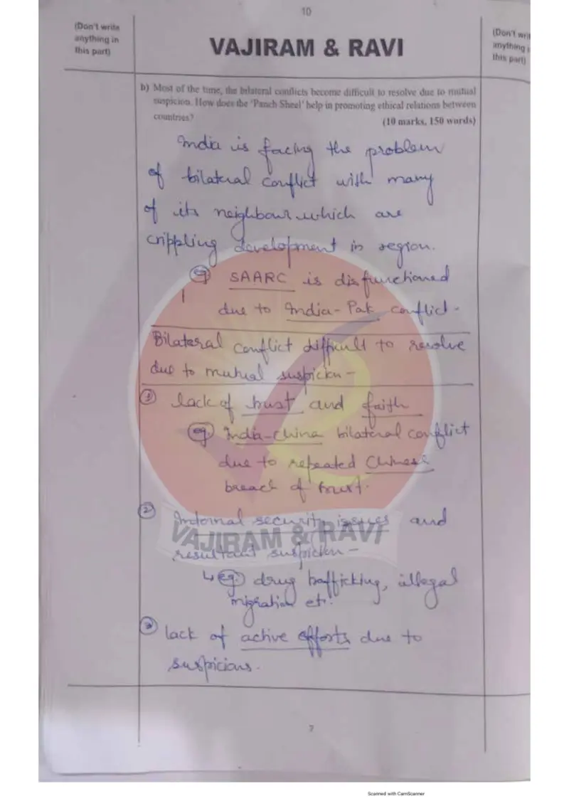 Komal Punia handwritten UPSC Mains answer to "Panchsheel promoting ethical relations between countries amid mutual suspicion in bilatera" (GS4, AIR 6, CSE 2024)