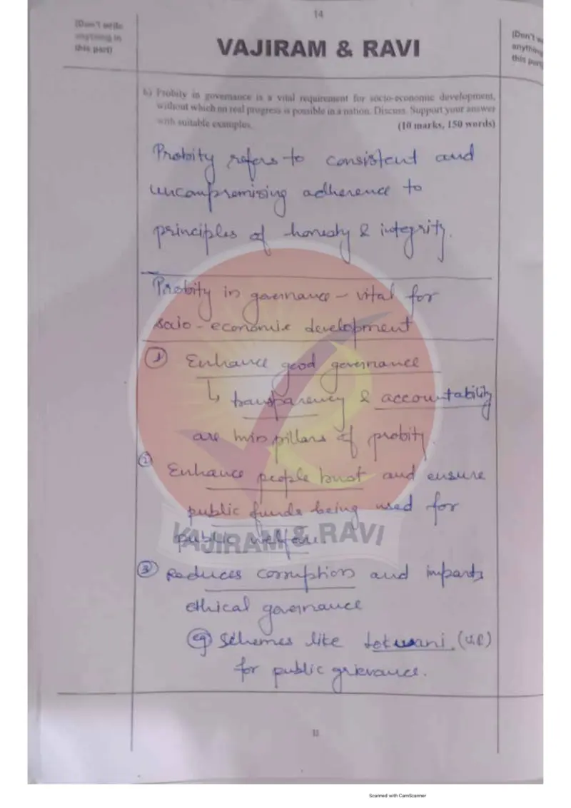 Komal Punia handwritten UPSC Mains answer to "Probity in governance as vital for socio-economic development" (GS4, AIR 6, CSE 2024)
