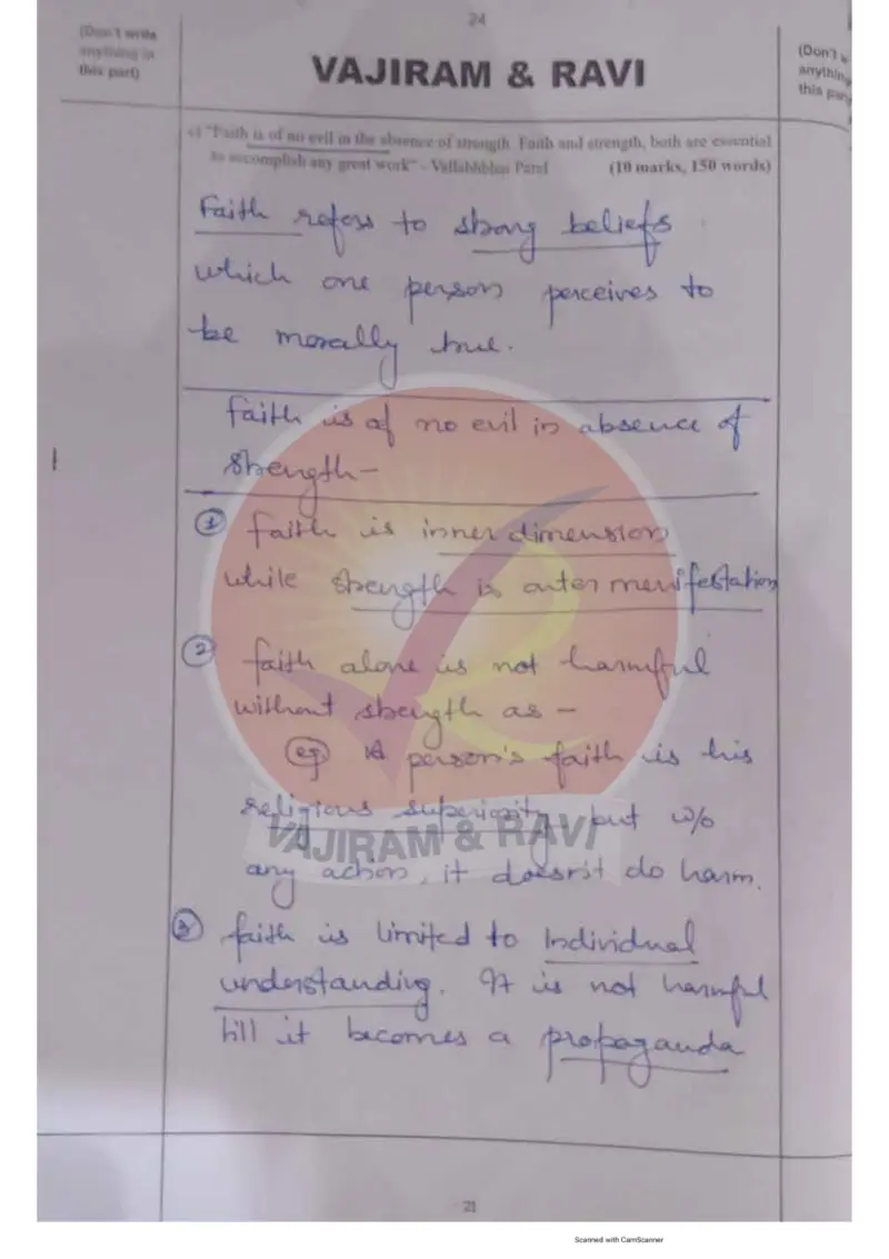 Komal Punia handwritten UPSC Mains answer to "Quote: 'Faith is of no evil in the absence of strength; faith and strength both essential " (GS4, AIR 6, CSE 2024)
