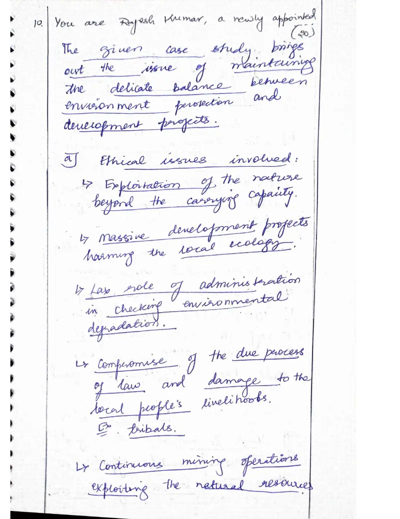 Kumud Mishra handwritten UPSC Mains answer to "Case study — Rajesh Kumar; environment protection vs development projects" (GS4, Rank 69, CSE 2024)
