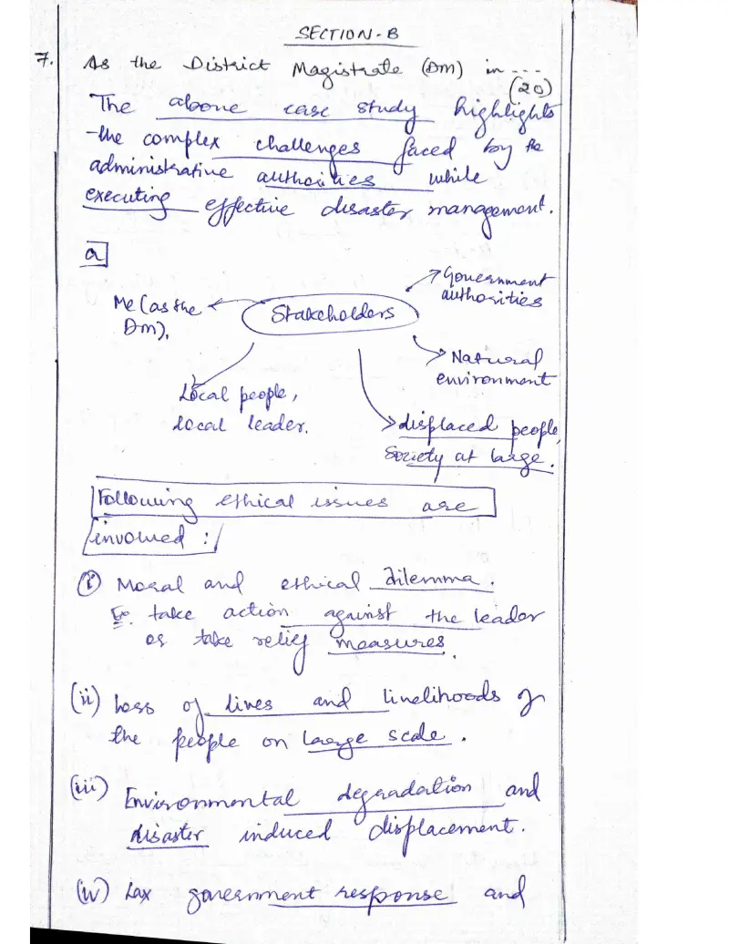 Kumud Mishra handwritten UPSC Mains answer to "Case study — District Magistrate executing disaster management amid public outrage" (GS4, Rank 69, CSE 2024)