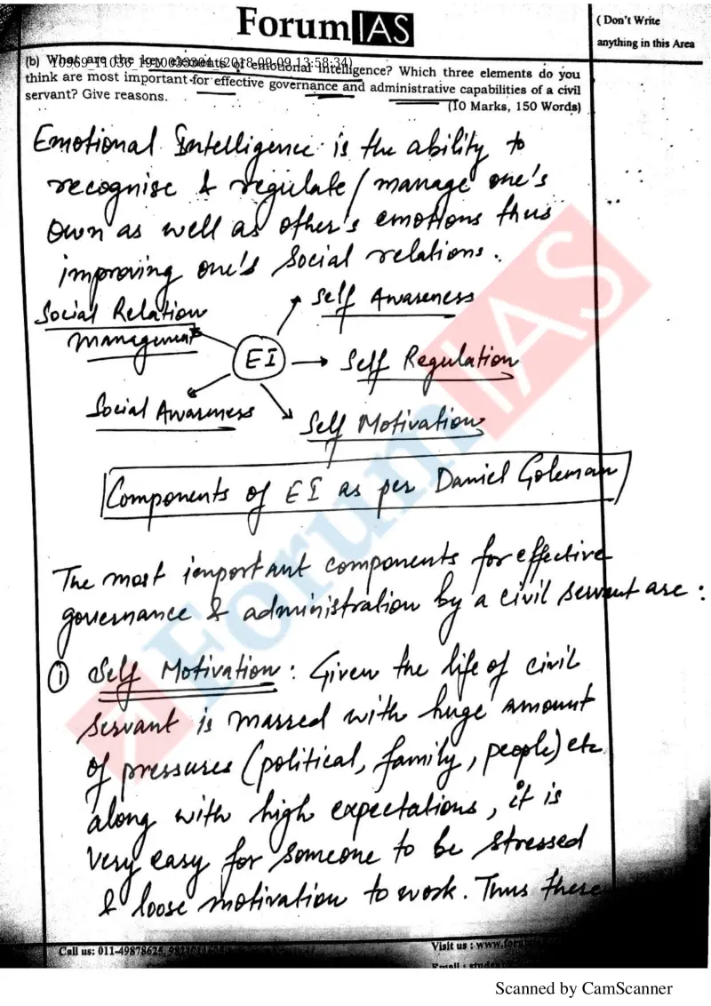 Lokesh Yadav handwritten UPSC Mains answer to "Components of emotional intelligence (Goleman); three most important for a civil servant" (GS4, Rank 190)