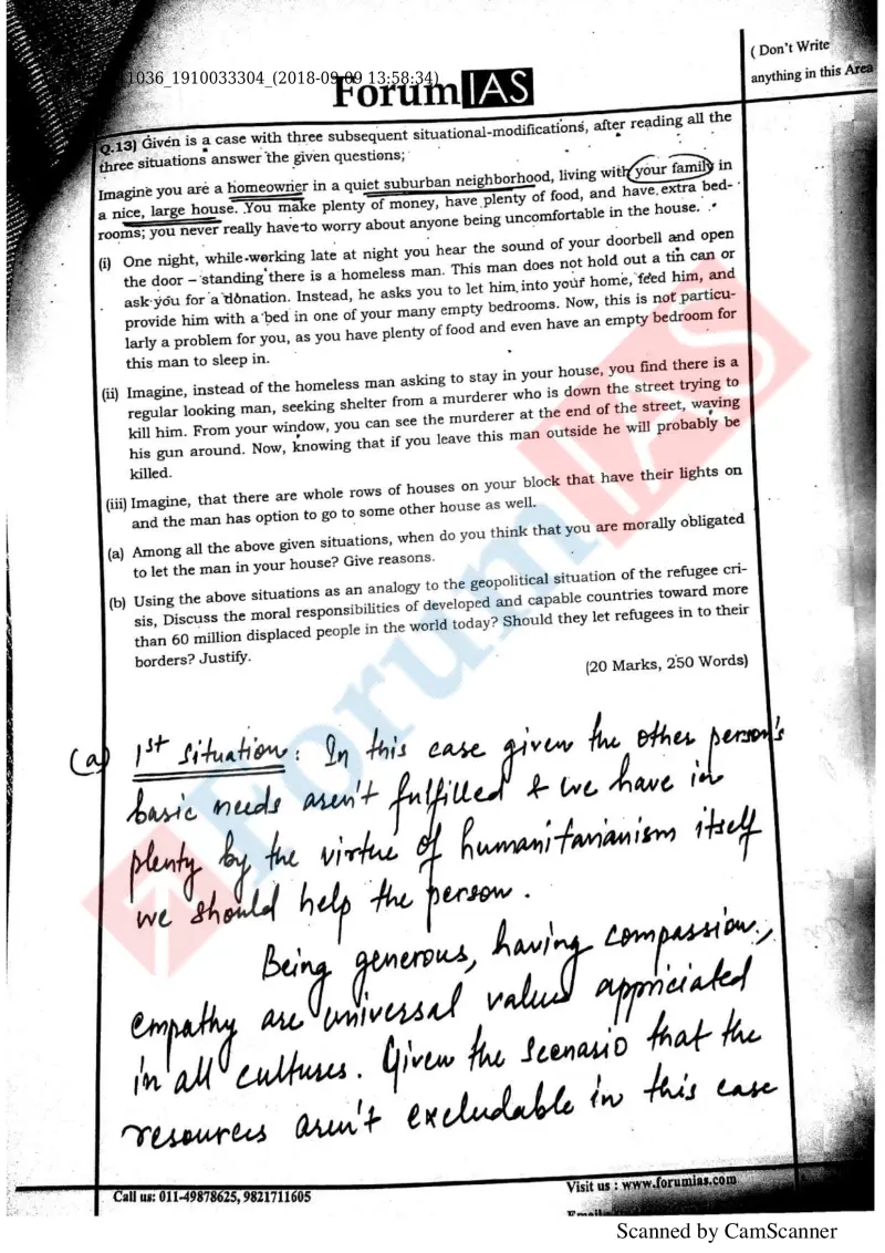 Lokesh Yadav handwritten UPSC Mains answer to "Case: homeowner / homeless man / fleeing victim — analogy to global refugee crisis (20m)" (GS4, Rank 190)