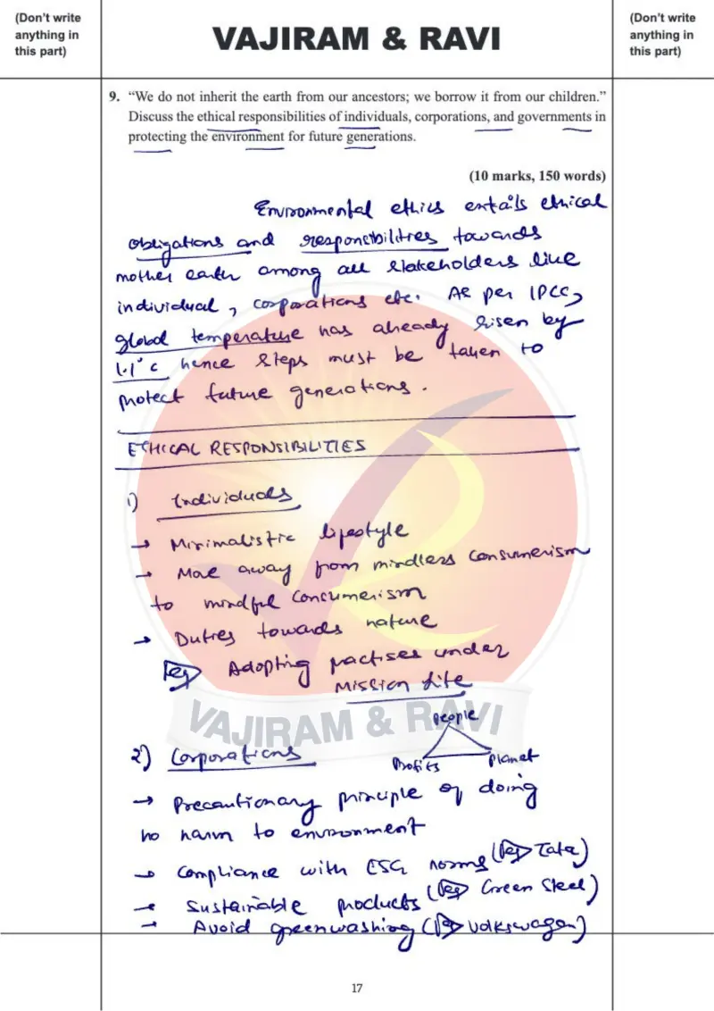 Monika Srivastava handwritten UPSC Mains answer to "Environmental / intergenerational ethics — 'we borrow the earth from our children'" (GS, Rank 16, CSE 2025)