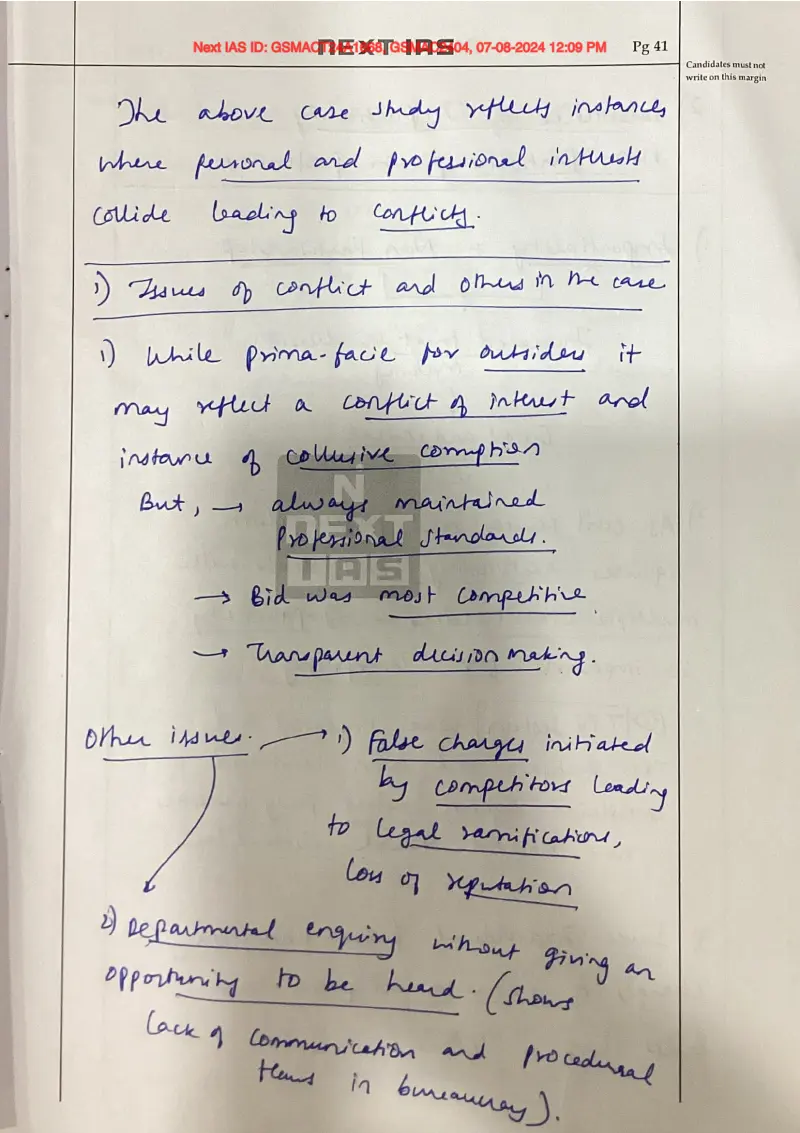 Nisar Dishant handwritten UPSC Mains answer to "Smart-city procurement; alleged conflict of interest (Sharma/Patel tender)" (GS4, Rank 19, CSE 2025)