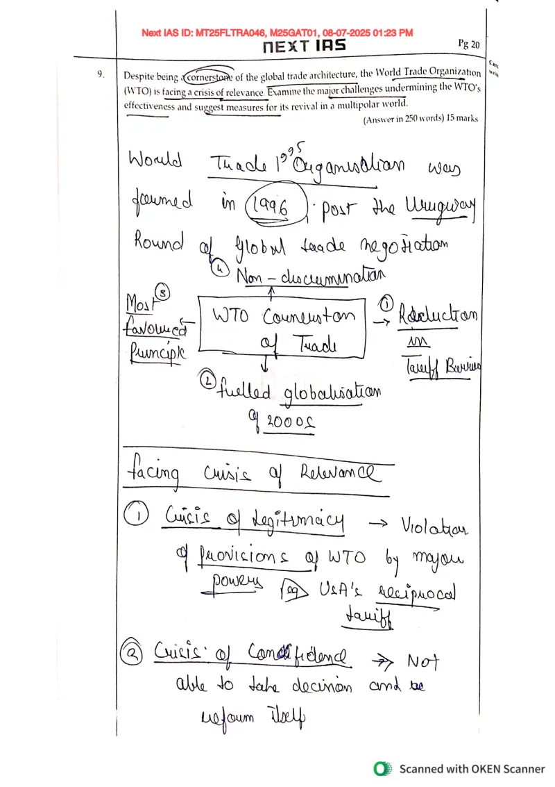 Pakshal Secretry handwritten UPSC Mains answer to "WTO crisis of relevance — challenges & revival measures in a multipolar world (full attemp" (GS1, Rank 8, CSE 2025)