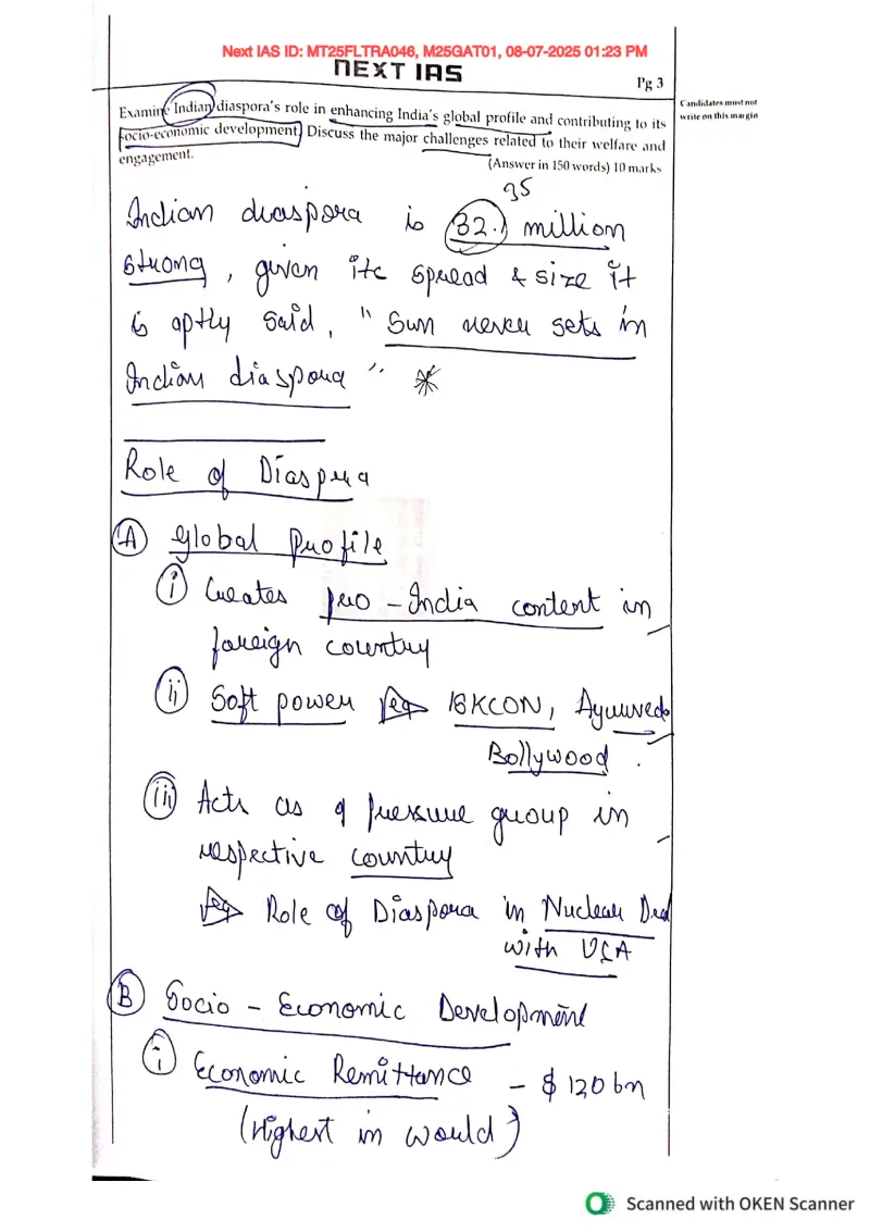 Pakshal Secretry handwritten UPSC Mains answer to "Indian diaspora — global profile, socio-economic role, welfare/engagement challenges (full" (GS1, Rank 8, CSE 2025)