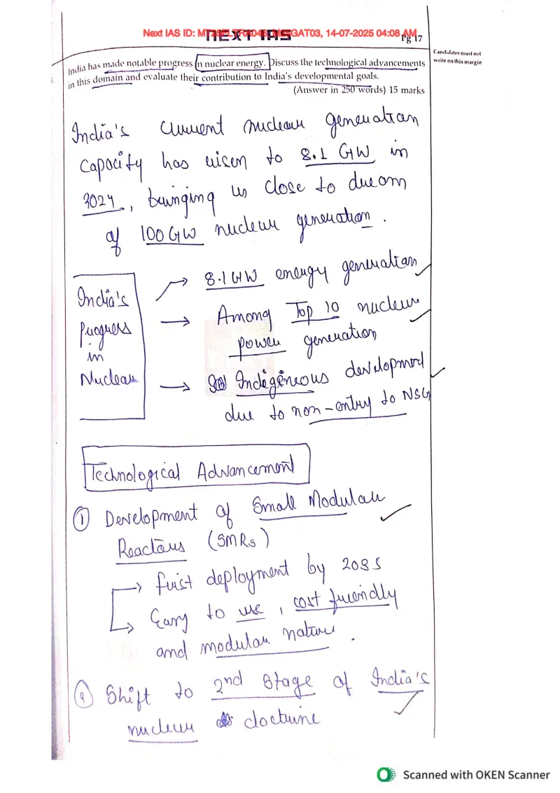 Pakshal Secretry handwritten UPSC Mains answer to "India's nuclear energy technological advancements and contribution to developmental goals " (GS3, Rank 8, CSE 2025)