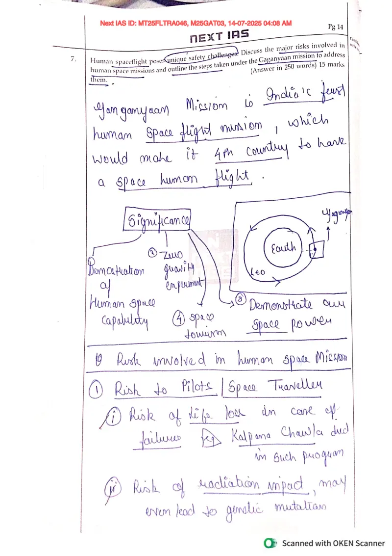 Pakshal Secretry handwritten UPSC Mains answer to "Human spaceflight risks and steps under the Gaganyaan mission to address them (250 words)" (GS3, Rank 8, CSE 2025)