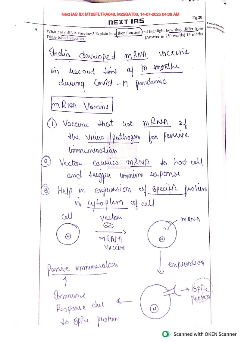 Pakshal Secretry handwritten UPSC Mains answer to "mRNA vaccines — how they function and how they differ from DNA-based vaccines (250 words)" (GS3, Rank 8, CSE 2025)