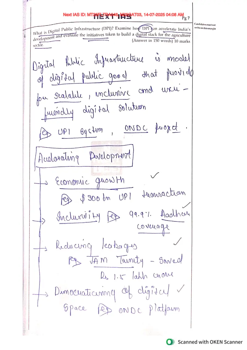 Pakshal Secretry handwritten UPSC Mains answer to "Digital Public Infrastructure (DPI) — accelerating development and the digital stack for a" (GS3, Rank 8, CSE 2025)